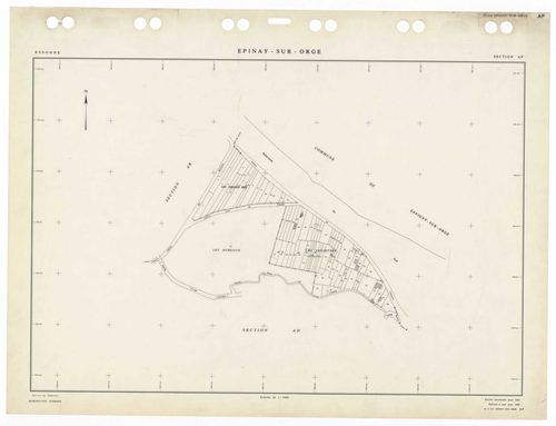 EPINAY-SUR-ORGE, plans minutes de conservation : tableau d'assemblage,1957, Ech. 1/5000 ; plans des sections AB, AM, ZE, 1957, Ech. 1/2000, sections AC, AD, AE, AI, AK, AL, AN, AO, ZB, ZD, 1957, Ech. 1/1000, section AP, 1962, Ech. 1/1000, section AR, 2002
