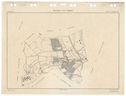 EPINAY-SUR-ORGE, plans minutes de conservation : tableau d'assemblage,1957, Ech. 1/5000 ; plans des sections AB, AM, ZE, 1957, Ech. 1/2000, sections AC, AD, AE, AI, AK, AL, AN, AO, ZB, ZD, 1957, Ech. 1/1000, section AP, 1962, Ech. 1/1000, section AR, 2002