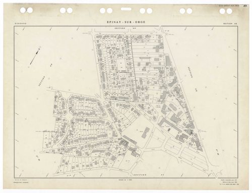 EPINAY-SUR-ORGE, plans minutes de conservation : tableau d'assemblage,1957, Ech. 1/5000 ; plans des sections AB, AM, ZE, 1957, Ech. 1/2000, sections AC, AD, AE, AI, AK, AL, AN, AO, ZB, ZD, 1957, Ech. 1/1000, section AP, 1962, Ech. 1/1000, section AR, 2002