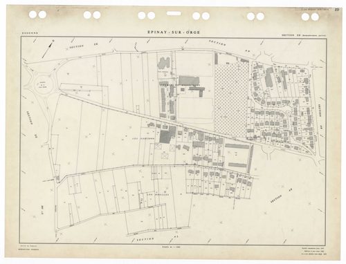 EPINAY-SUR-ORGE, plans minutes de conservation : tableau d'assemblage,1957, Ech. 1/5000 ; plans des sections AB, AM, ZE, 1957, Ech. 1/2000, sections AC, AD, AE, AI, AK, AL, AN, AO, ZB, ZD, 1957, Ech. 1/1000, section AP, 1962, Ech. 1/1000, section AR, 2002