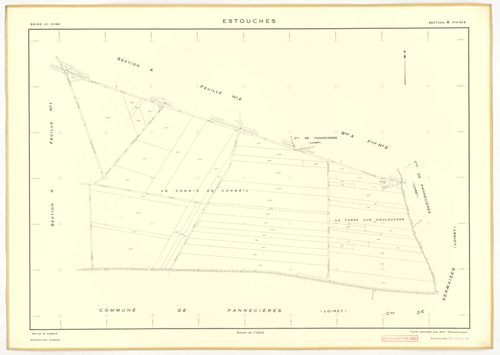 Plans minutes de conservation : ESTOUCHES : tableau d'assemblage, ech. 1/5000 (1952), sections A1, A2, A3, B1, B2, B3, ech. 1/2000 (1952), NB, papier, 105x80 [7 plans]. 