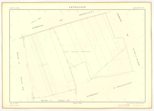 Plans minutes de conservation : ESTOUCHES : tableau d'assemblage, ech. 1/5000 (1952), sections A1, A2, A3, B1, B2, B3, ech. 1/2000 (1952), NB, papier, 105x80 [7 plans]. 
