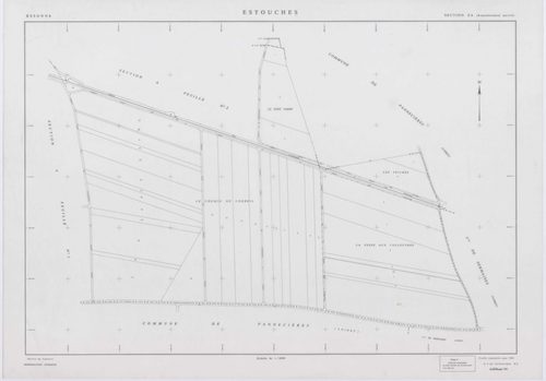 ESTOUCHES, plans minutes de conservation : tableau d'assemblage, 1952, Ech. 1/5000 ; plans des sections A1, A2, B1, B2, B3, 1952, Ech. 1/2000, section ZA, 1992, Ech. 1/2000. Polyester. N et B. Dim. 105 x 80 cm [7 plans]. 
