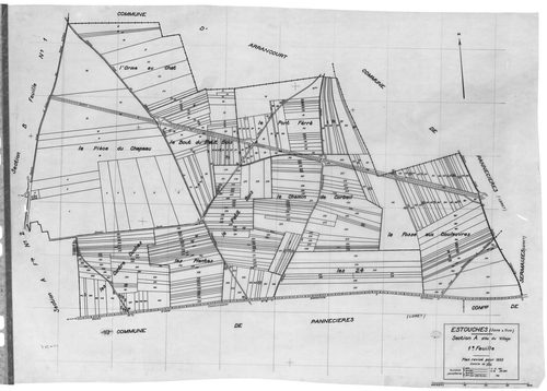 ESTOUCHES.- Cadastre révisé pour 1933 : plan du tableau d'assemblage, plans de la section A le Village 1ère feuille, idem 2ème feuille, section B le Petit Villiers 1ère feuille, idem 2ème feuille, [5 plans]. 