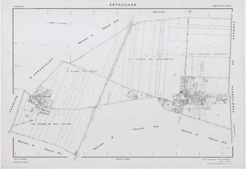 ESTOUCHES, plans minutes de conservation : tableau d'assemblage, 1952, Ech. 1/5000 ; plans des sections A1, A2, B1, B2, B3, 1952, Ech. 1/2000, section ZA, 1992, Ech. 1/2000. Polyester. N et B. Dim. 105 x 80 cm [7 plans]. 