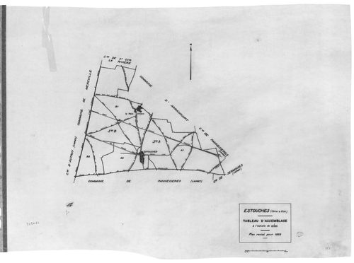 ESTOUCHES.- Cadastre révisé pour 1933 : plan du tableau d'assemblage, plans de la section A le Village 1ère feuille, idem 2ème feuille, section B le Petit Villiers 1ère feuille, idem 2ème feuille, [5 plans]. 