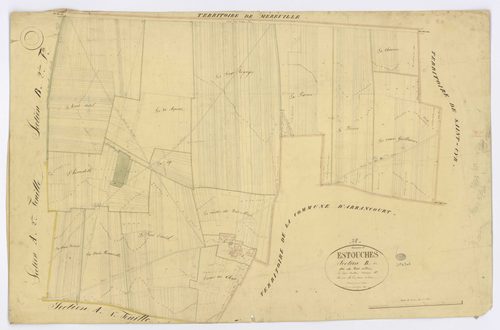ESTOUCHES. - Section B - Petit Villiers (le), 1, ech. 1/2500, coul., aquarelle, papier, 68x103 (1831). 