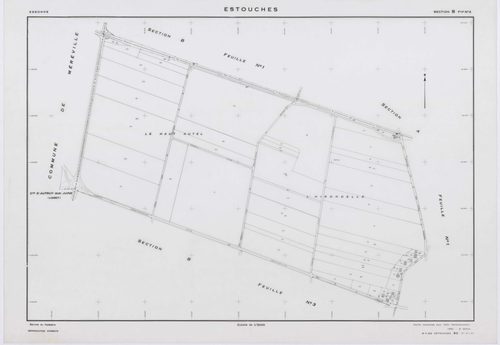 ESTOUCHES, plans minutes de conservation : tableau d'assemblage, 1952, Ech. 1/5000 ; plans des sections A1, A2, B1, B2, B3, 1952, Ech. 1/2000, section ZA, 1992, Ech. 1/2000. Polyester. N et B. Dim. 105 x 80 cm [7 plans]. 