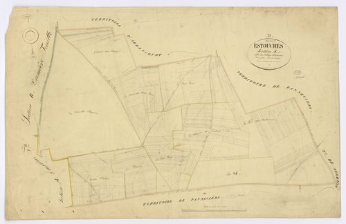 ESTOUCHES. - Section A - Village (le), 1, ech. 1/2500, coul., aquarelle, papier, 68x105 (1831). 