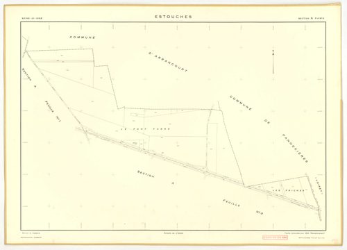 Plans minutes de conservation : ESTOUCHES : tableau d'assemblage, ech. 1/5000 (1952), sections A1, A2, A3, B1, B2, B3, ech. 1/2000 (1952), NB, papier, 105x80 [7 plans]. 
