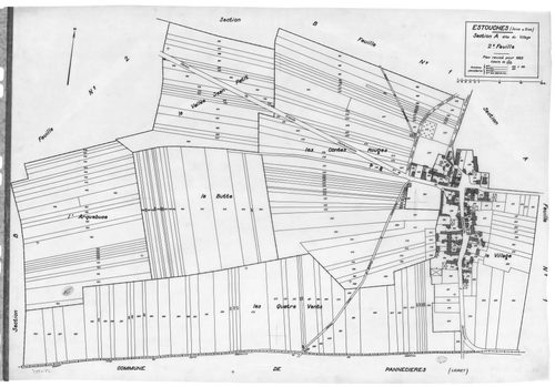 ESTOUCHES.- Cadastre révisé pour 1933 : plan du tableau d'assemblage, plans de la section A le Village 1ère feuille, idem 2ème feuille, section B le Petit Villiers 1ère feuille, idem 2ème feuille, [5 plans]. 