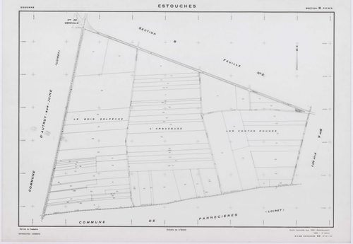 ESTOUCHES, plans minutes de conservation : tableau d'assemblage, 1952, Ech. 1/5000 ; plans des sections A1, A2, B1, B2, B3, 1952, Ech. 1/2000, section ZA, 1992, Ech. 1/2000. Polyester. N et B. Dim. 105 x 80 cm [7 plans]. 