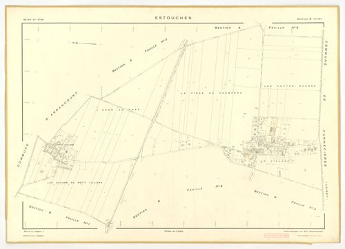 Plans minutes de conservation : ESTOUCHES : tableau d'assemblage, ech. 1/5000 (1952), sections A1, A2, A3, B1, B2, B3, ech. 1/2000 (1952), NB, papier, 105x80 [7 plans]. 