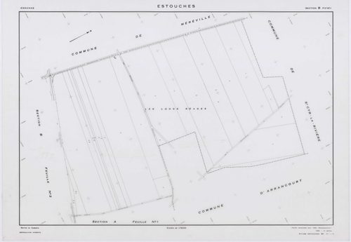 ESTOUCHES, plans minutes de conservation : tableau d'assemblage, 1952, Ech. 1/5000 ; plans des sections A1, A2, B1, B2, B3, 1952, Ech. 1/2000, section ZA, 1992, Ech. 1/2000. Polyester. N et B. Dim. 105 x 80 cm [7 plans]. 