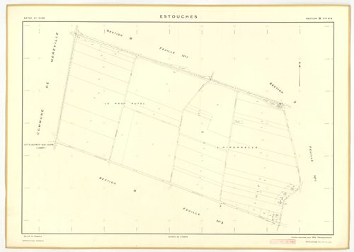 Plans minutes de conservation : ESTOUCHES : tableau d'assemblage, ech. 1/5000 (1952), sections A1, A2, A3, B1, B2, B3, ech. 1/2000 (1952), NB, papier, 105x80 [7 plans]. 