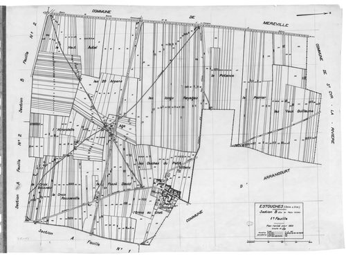 ESTOUCHES.- Cadastre révisé pour 1933 : plan du tableau d'assemblage, plans de la section A le Village 1ère feuille, idem 2ème feuille, section B le Petit Villiers 1ère feuille, idem 2ème feuille, [5 plans]. 