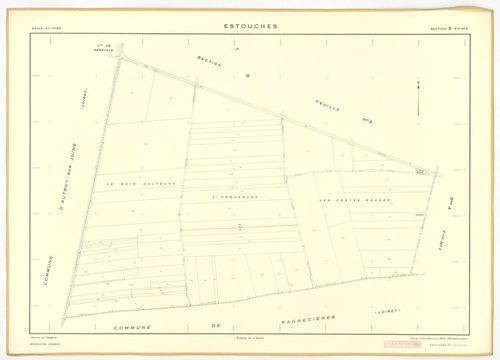 Plans minutes de conservation : ESTOUCHES : tableau d'assemblage, ech. 1/5000 (1952), sections A1, A2, A3, B1, B2, B3, ech. 1/2000 (1952), NB, papier, 105x80 [7 plans]. 