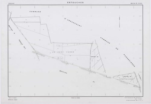 ESTOUCHES, plans minutes de conservation : tableau d'assemblage, 1952, Ech. 1/5000 ; plans des sections A1, A2, B1, B2, B3, 1952, Ech. 1/2000, section ZA, 1992, Ech. 1/2000. Polyester. N et B. Dim. 105 x 80 cm [7 plans]. 