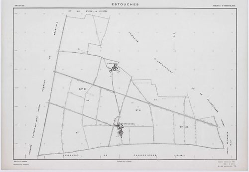 ESTOUCHES, plans minutes de conservation : tableau d'assemblage, 1952, Ech. 1/5000 ; plans des sections A1, A2, B1, B2, B3, 1952, Ech. 1/2000, section ZA, 1992, Ech. 1/2000. Polyester. N et B. Dim. 105 x 80 cm [7 plans]. 