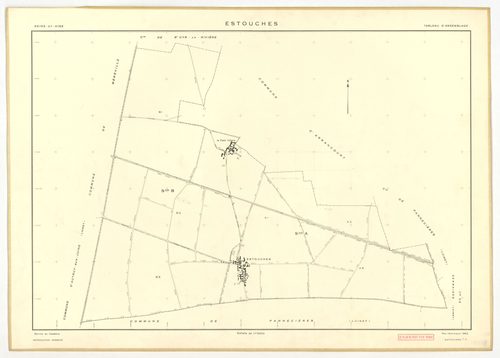 Plans minutes de conservation : ESTOUCHES : tableau d'assemblage, ech. 1/5000 (1952), sections A1, A2, A3, B1, B2, B3, ech. 1/2000 (1952), NB, papier, 105x80 [7 plans]. 