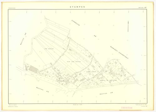 Plans minutes de conservation : ETAMPES : sections U, WA, W1, W3, W2a, W2b, X1, X2, X3, ZB1, ZB2, ZB3, ZF1, ZF2, ZF3, ZF4, YE, ZE1, ZE2, ZE3, ZE4, ZE5, ZE6, ZE7, ZA1, ZA2, ZA3, ZA4, ZA5, ZA6, ech. 1/2000 (1962) ; tableau d'assemblage n°1, ech. 1/20000 (19