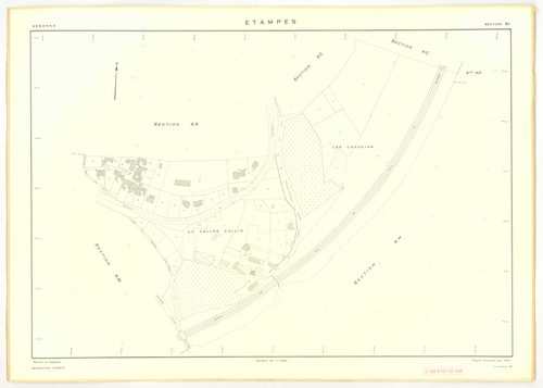 Plans minutes de conservation : ETAMPES : sections U, WA, W1, W3, W2a, W2b, X1, X2, X3, ZB1, ZB2, ZB3, ZF1, ZF2, ZF3, ZF4, YE, ZE1, ZE2, ZE3, ZE4, ZE5, ZE6, ZE7, ZA1, ZA2, ZA3, ZA4, ZA5, ZA6, ech. 1/2000 (1962) ; tableau d'assemblage n°1, ech. 1/20000 (19