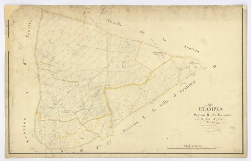 ETAMPES. - Section B - Guinette, 3, ech. 1/2500, coul., aquarelle, papier, 64x100 (1824). 