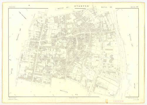 Plans minutes de conservation : ETAMPES : sections U, WA, W1, W3, W2a, W2b, X1, X2, X3, ZB1, ZB2, ZB3, ZF1, ZF2, ZF3, ZF4, YE, ZE1, ZE2, ZE3, ZE4, ZE5, ZE6, ZE7, ZA1, ZA2, ZA3, ZA4, ZA5, ZA6, ech. 1/2000 (1962) ; tableau d'assemblage n°1, ech. 1/20000 (19