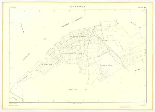 Plans minutes de conservation : ETAMPES : sections U, WA, W1, W3, W2a, W2b, X1, X2, X3, ZB1, ZB2, ZB3, ZF1, ZF2, ZF3, ZF4, YE, ZE1, ZE2, ZE3, ZE4, ZE5, ZE6, ZE7, ZA1, ZA2, ZA3, ZA4, ZA5, ZA6, ech. 1/2000 (1962) ; tableau d'assemblage n°1, ech. 1/20000 (19