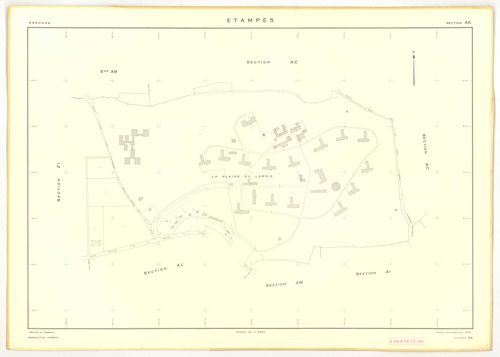 Plans minutes de conservation : ETAMPES : sections U, WA, W1, W3, W2a, W2b, X1, X2, X3, ZB1, ZB2, ZB3, ZF1, ZF2, ZF3, ZF4, YE, ZE1, ZE2, ZE3, ZE4, ZE5, ZE6, ZE7, ZA1, ZA2, ZA3, ZA4, ZA5, ZA6, ech. 1/2000 (1962) ; tableau d'assemblage n°1, ech. 1/20000 (19