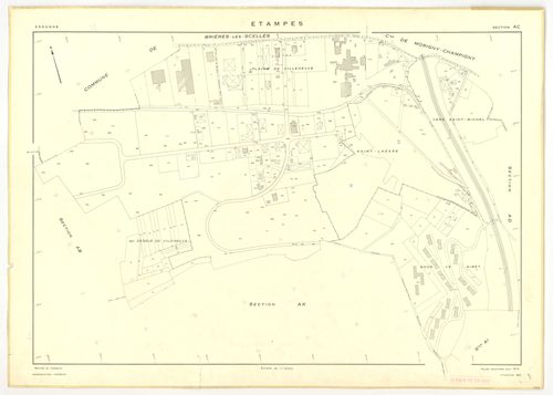 Plans minutes de conservation : ETAMPES : sections U, WA, W1, W3, W2a, W2b, X1, X2, X3, ZB1, ZB2, ZB3, ZF1, ZF2, ZF3, ZF4, YE, ZE1, ZE2, ZE3, ZE4, ZE5, ZE6, ZE7, ZA1, ZA2, ZA3, ZA4, ZA5, ZA6, ech. 1/2000 (1962) ; tableau d'assemblage n°1, ech. 1/20000 (19