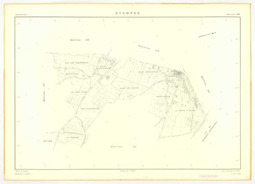 Plans minutes de conservation : ETAMPES : sections U, WA, W1, W3, W2a, W2b, X1, X2, X3, ZB1, ZB2, ZB3, ZF1, ZF2, ZF3, ZF4, YE, ZE1, ZE2, ZE3, ZE4, ZE5, ZE6, ZE7, ZA1, ZA2, ZA3, ZA4, ZA5, ZA6, ech. 1/2000 (1962) ; tableau d'assemblage n°1, ech. 1/20000 (19