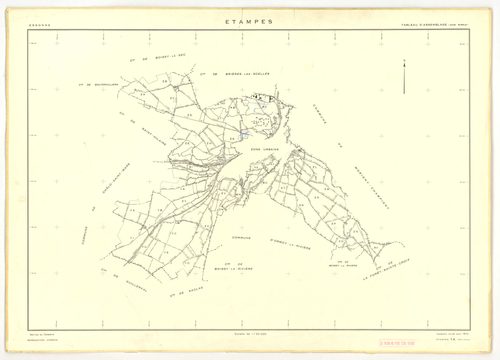 Plans minutes de conservation : ETAMPES : sections U, WA, W1, W3, W2a, W2b, X1, X2, X3, ZB1, ZB2, ZB3, ZF1, ZF2, ZF3, ZF4, YE, ZE1, ZE2, ZE3, ZE4, ZE5, ZE6, ZE7, ZA1, ZA2, ZA3, ZA4, ZA5, ZA6, ech. 1/2000 (1962) ; tableau d'assemblage n°1, ech. 1/20000 (19