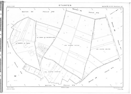 ETAMPES. - Cadastre révisé pour 1962 : plans de la section U, secton WA, section W1, section W2a, section W2b, section W3, section X1, section X2, section X3, section YE, section ZA1, section ZA2, section ZA3, section ZA4, section ZA5, section ZA6, sectio
