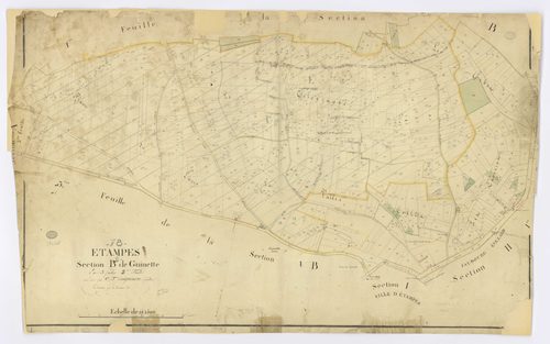 ETAMPES. - Section B - Guinette, 2, ech. 1/2500, coul., aquarelle, papier, 64x101 (1824). 