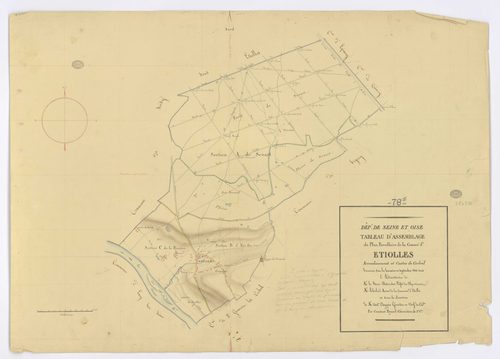 ETIOLLES. - Plan d'assemblage, ech. 1/10000, coul., aquarelle, papier, 63x87 (1823). 