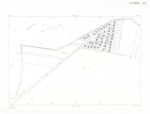 ETIOLLES, plans minutes de conservation : tableau d'assemblage,1935, Ech. 1/10000 ; plans des sections Au, 1935, Ech. 1/5000, section Cu, 1935, Ech. 1/2500, section ZA, 1988, Ech. 1/2000, sections AE, AH, AI, 1997, Ech. 1/1000, sections AA, AB, AC, AD, AK