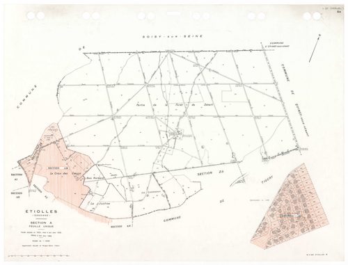 ETIOLLES, plans minutes de conservation : tableau d'assemblage,1935, Ech. 1/10000 ; plans des sections Au, 1935, Ech. 1/5000, section Cu, 1935, Ech. 1/2500, section ZA, 1988, Ech. 1/2000, sections AE, AH, AI, 1997, Ech. 1/1000, sections AA, AB, AC, AD, AK