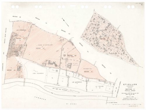 ETIOLLES, plans minutes de conservation : tableau d'assemblage,1935, Ech. 1/10000 ; plans des sections Au, 1935, Ech. 1/5000, section Cu, 1935, Ech. 1/2500, section ZA, 1988, Ech. 1/2000, sections AE, AH, AI, 1997, Ech. 1/1000, sections AA, AB, AC, AD, AK