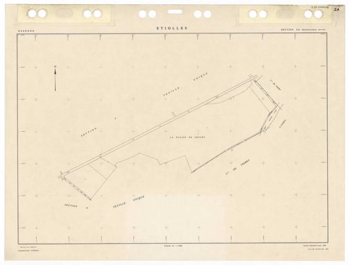 ETIOLLES, plans minutes de conservation : tableau d'assemblage,1935, Ech. 1/10000 ; plans des sections Au, 1935, Ech. 1/5000, section Cu, 1935, Ech. 1/2500, section ZA, 1988, Ech. 1/2000, sections AE, AH, AI, 1997, Ech. 1/1000, sections AA, AB, AC, AD, AK