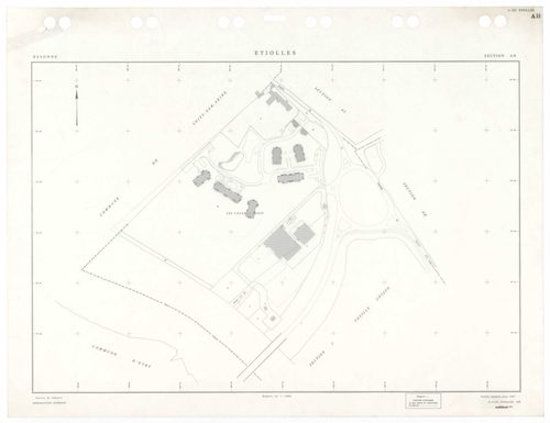 ETIOLLES, plans minutes de conservation : tableau d'assemblage,1935, Ech. 1/10000 ; plans des sections Au, 1935, Ech. 1/5000, section Cu, 1935, Ech. 1/2500, section ZA, 1988, Ech. 1/2000, sections AE, AH, AI, 1997, Ech. 1/1000, sections AA, AB, AC, AD, AK
