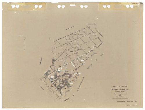 ETIOLLES, plans minutes de conservation : tableau d'assemblage,1935, Ech. 1/10000 ; plans des sections Au, 1935, Ech. 1/5000, section Cu, 1935, Ech. 1/2500, section ZA, 1988, Ech. 1/2000, sections AE, AH, AI, 1997, Ech. 1/1000, sections AA, AB, AC, AD, AK