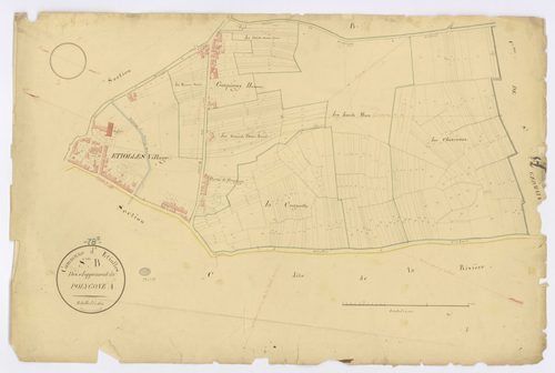 ETIOLLES. - Section B - Etiolles, 2 (Développement du polygone A), ech. 1/1250, coul., aquarelle, papier, 66x101 (1826). 