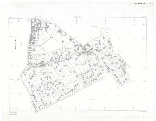 ETIOLLES, plans minutes de conservation : tableau d'assemblage,1935, Ech. 1/10000 ; plans des sections Au, 1935, Ech. 1/5000, section Cu, 1935, Ech. 1/2500, section ZA, 1988, Ech. 1/2000, sections AE, AH, AI, 1997, Ech. 1/1000, sections AA, AB, AC, AD, AK