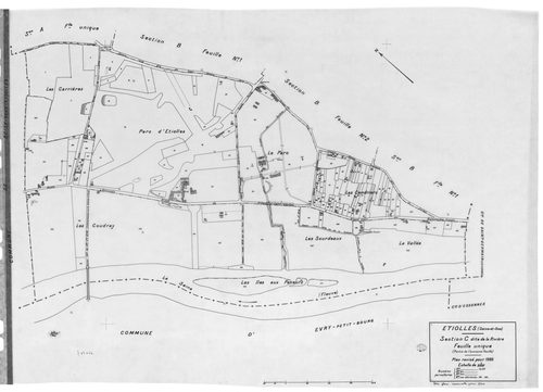 ETIOLLES. - Cadastre révisé pour 1935 : plans de la section A Sénart, section B le Village 2ème feuille, section C la Rivière ; cadastre renouvelé pour 1940 : plan de la section B le Village 2ème feuille, [4 plans]. 