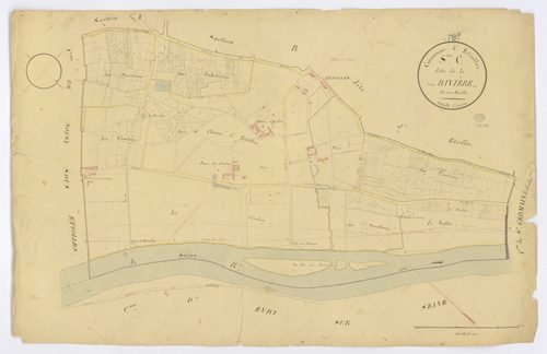 ETIOLLES. - Section C - Rivière (la), ech. 1/2500, coul., aquarelle, papier, 65x101 (1827). 
