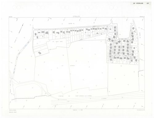 ETIOLLES, plans minutes de conservation : tableau d'assemblage,1935, Ech. 1/10000 ; plans des sections Au, 1935, Ech. 1/5000, section Cu, 1935, Ech. 1/2500, section ZA, 1988, Ech. 1/2000, sections AE, AH, AI, 1997, Ech. 1/1000, sections AA, AB, AC, AD, AK