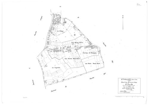 ETIOLLES. - Cadastre révisé pour 1935 : plans de la section A Sénart, section B le Village 2ème feuille, section C la Rivière ; cadastre renouvelé pour 1940 : plan de la section B le Village 2ème feuille, [4 plans]. 