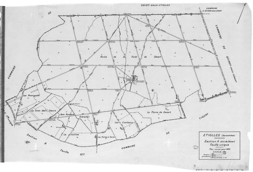 ETIOLLES. - Cadastre révisé pour 1935 : plans de la section A Sénart, section B le Village 2ème feuille, section C la Rivière ; cadastre renouvelé pour 1940 : plan de la section B le Village 2ème feuille, [4 plans]. 