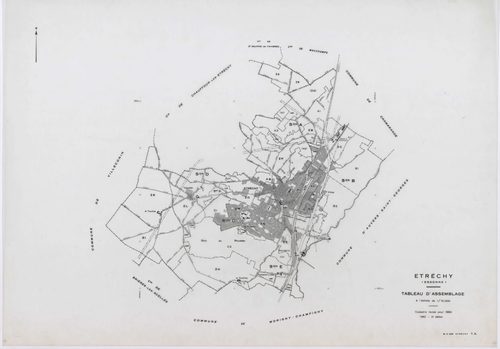 ETRECHY, plans minutes de conservation : tableau d'assemblage, 1960, Ech. 1/10000 ; plans des sections A1, A2, B1, B2, C1, C2, D, 1960, Ech. 1/2500, sections AB, AC, AD, AE, AH, 1960, Ech. 1/1000, section E, 1960, Ech. 1/1250, sections ZA, ZB, ZC, ZD, ZE,